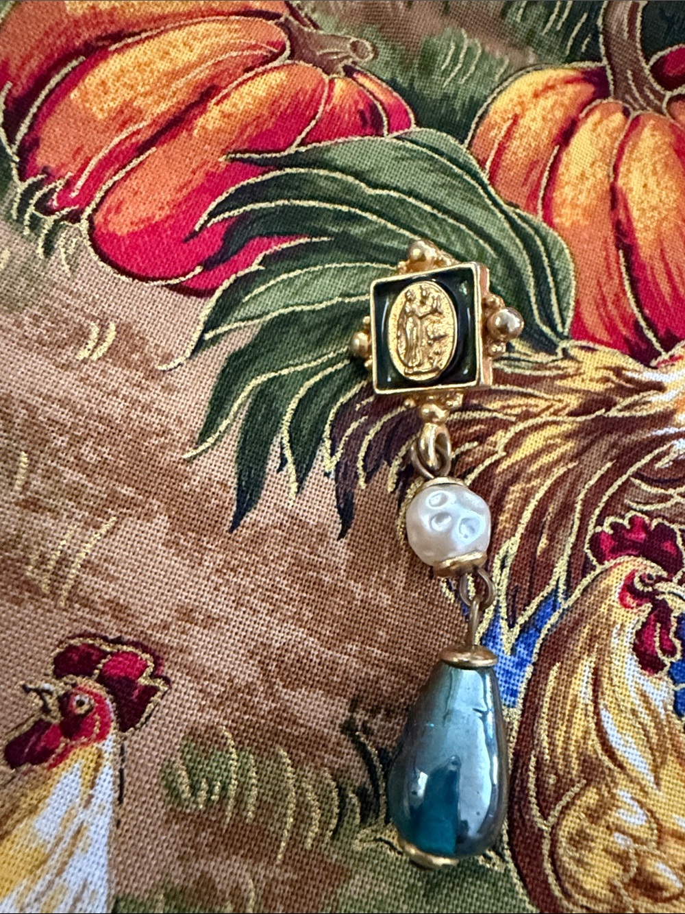 Express Gold-Tone Medal Drop Earrings with Blue Teardrop and Pearl Bead